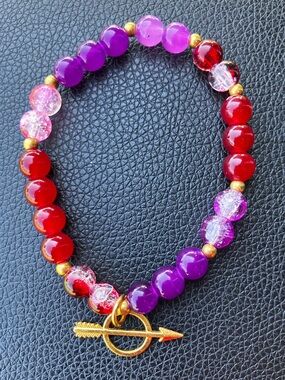 Gold Arrow Toggle Bracelet with Purple and Red Beads